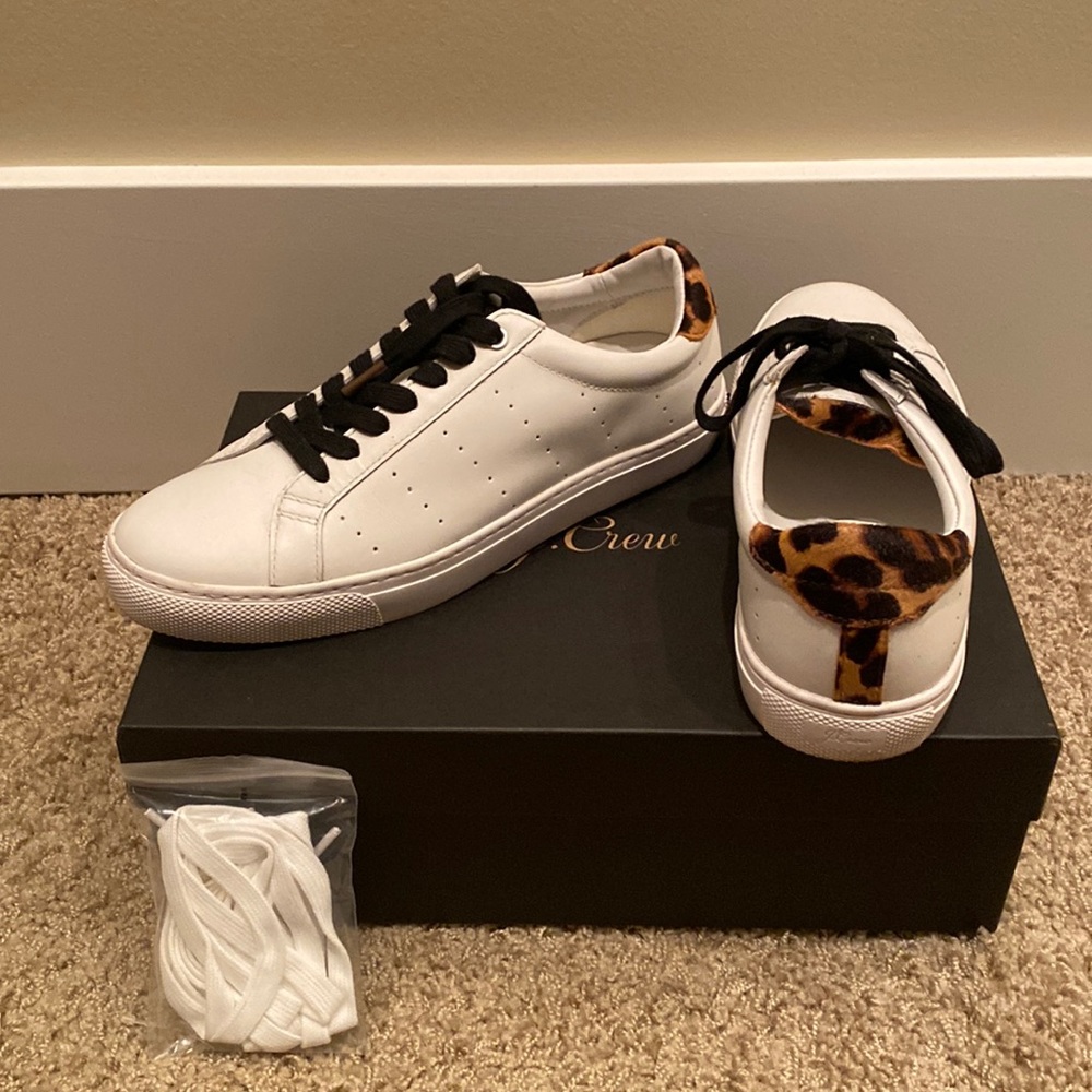 J Crew white leather and leopard tab sneakers